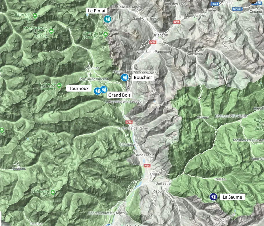 Carte localisation des sites d'escalade des Hautes Alpes près de Briançon
