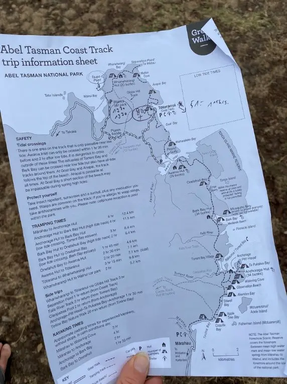 Le tracé des 3 jours de randonnées dans le parc Abel Tasman