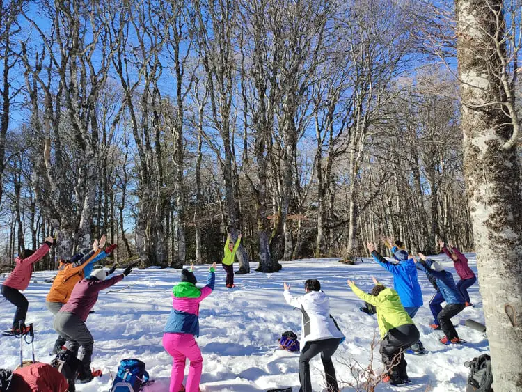 Groupe de Yoga en montagne dans la neige