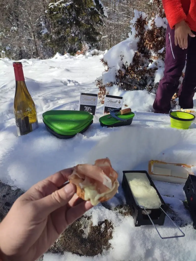 tartine raclette jambon de pays avec verre de pic saint loup au Mont aigoual