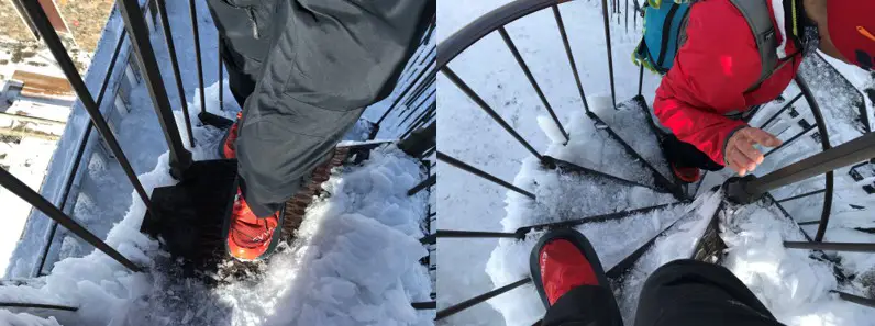 monter et descendre des escaliers de l'observatoir de l'Aigoual avec les raquettes EVVO