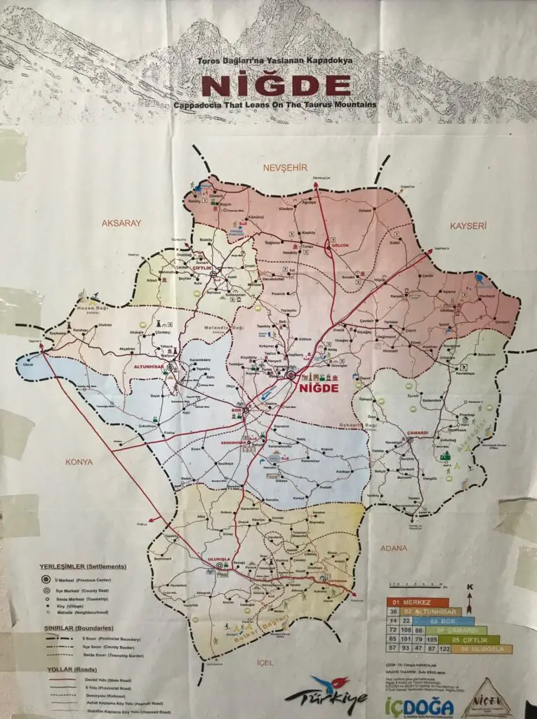 Carte de la région de Nigde en turquie