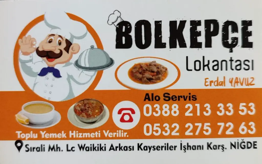 carte de visite du restaurant  Bolkepçe Lokantasi à Nigde en Turquie