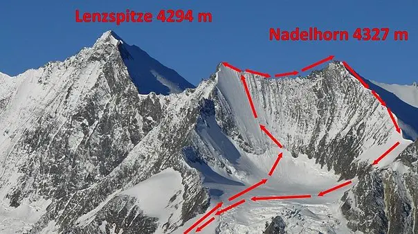 itinéraire de la course d'alpinisme Lenzspite 4294 m et Nadelhorn  4327 m en Suisse