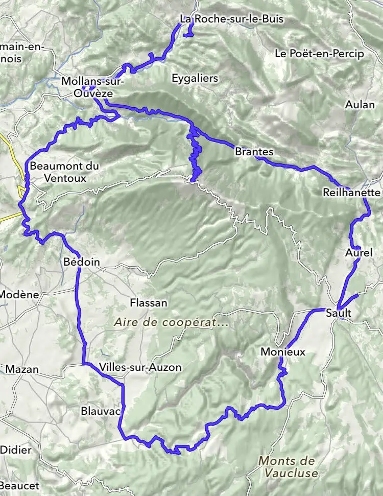 Itinéraire d'une boucle de 3 jours en vélo autour du Mont Ventoux
