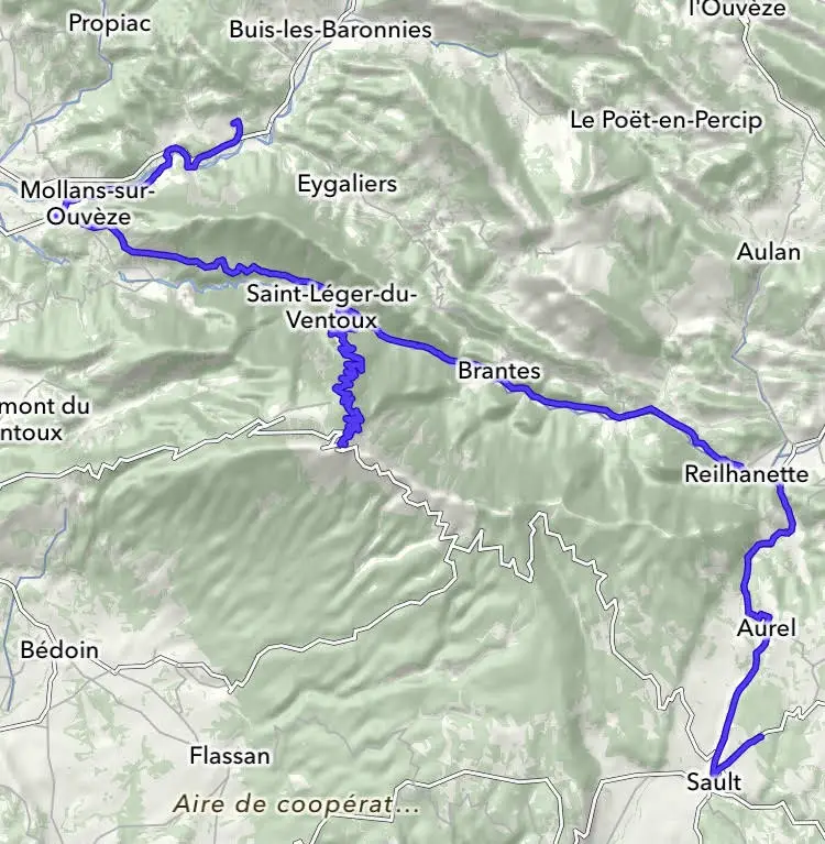 Itinéraire vélo de Penne sur Ouveze à sault avec ascension à pied du Mont Ventoux