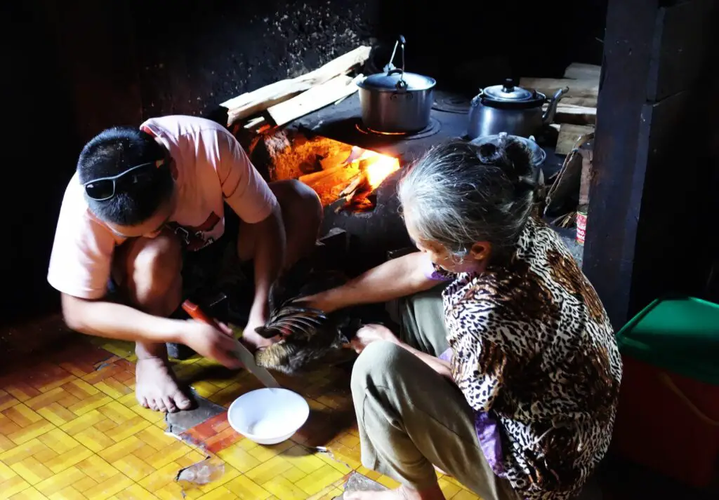 Préparation d'un Organic Native Chicken dans le village de Pula sur l'île de Luzon