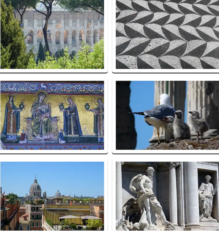 le Colisée, mosaique des thermes de caracalla, frontispice d'une église,vatican, fontaine de trevi