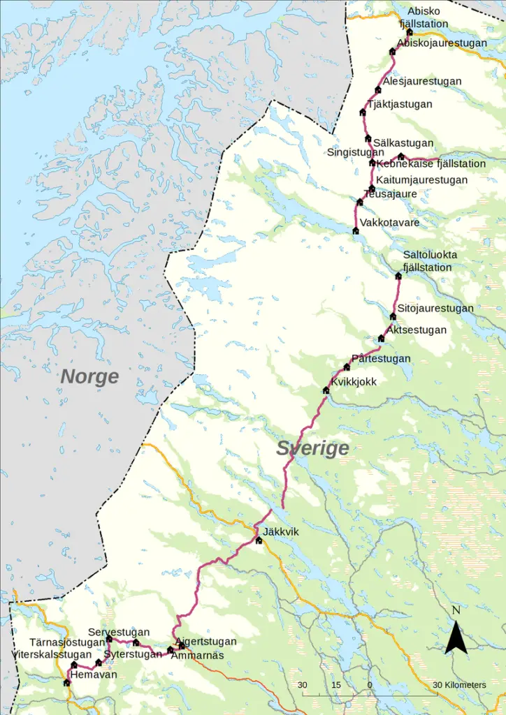 Carte de la Kungsleden ou voie royale en suède