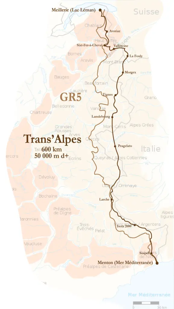 Itinéraire de la Trans'Alpes en comparaison avec le GR5.