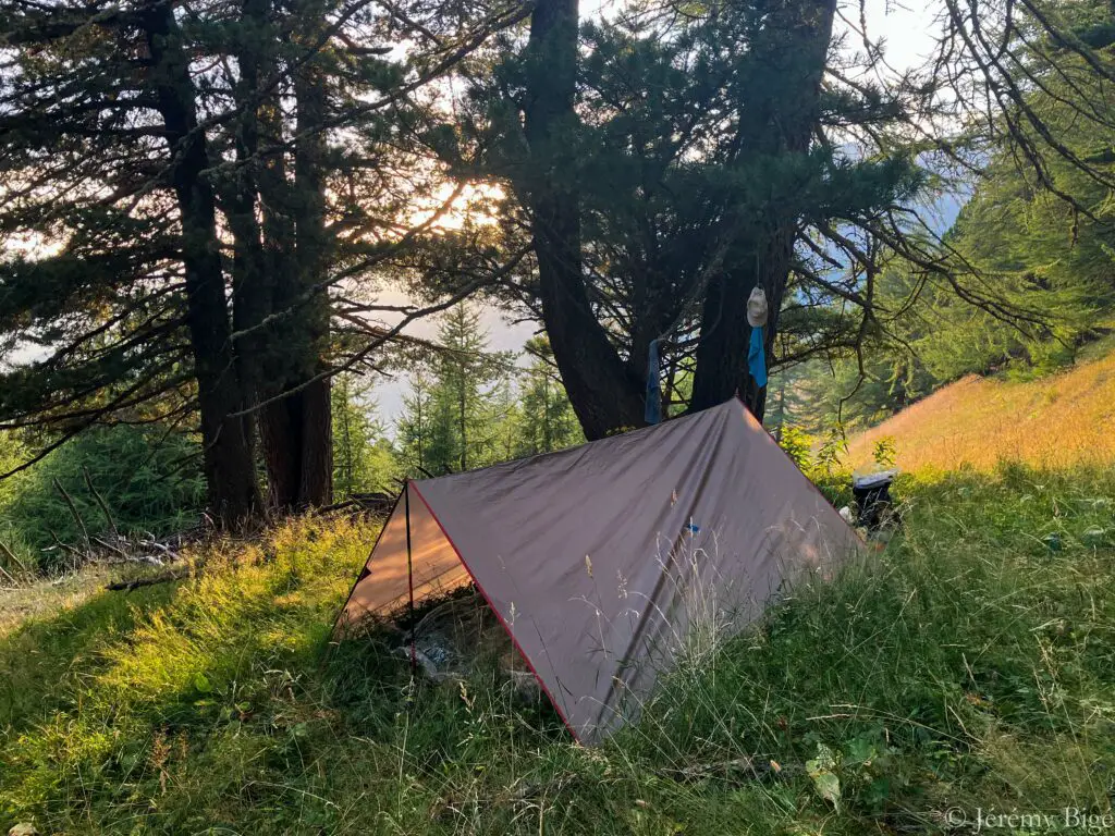 Bivouac en tarp dans les sous-bois.