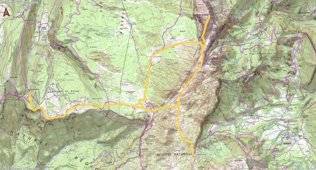 carte topo de l'itinéraire de la randonnée raquettes dans le vercors sur 3 jours