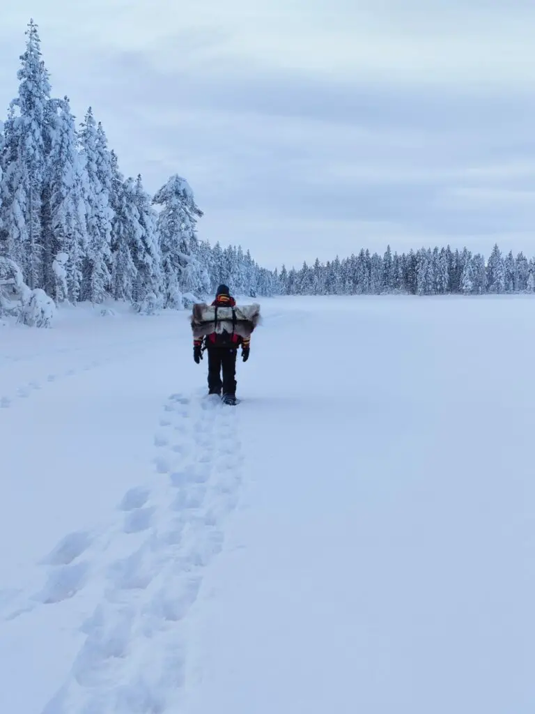 marche dans la neige et paysage blanc de la suede