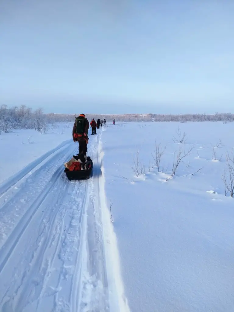 Marche sur la neige pour se rendre à la source sacrée à karesuando