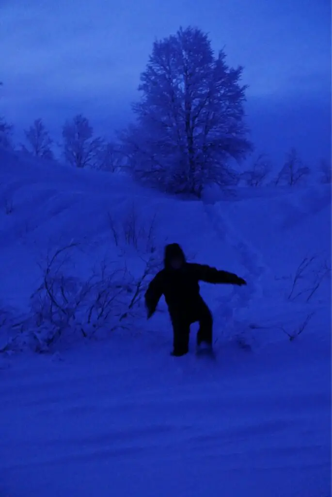 trace dans la neige poudreuse en raquettes à neige en suede