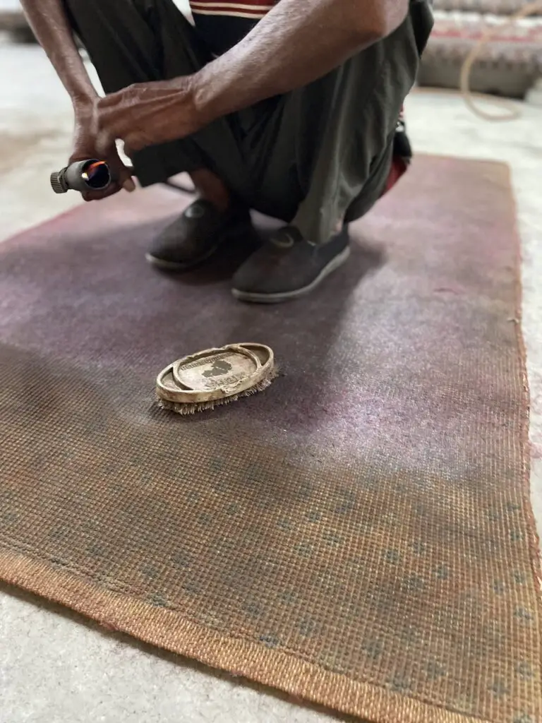 brossage apres passage du chalumeau sur tapis en laine à jaipur