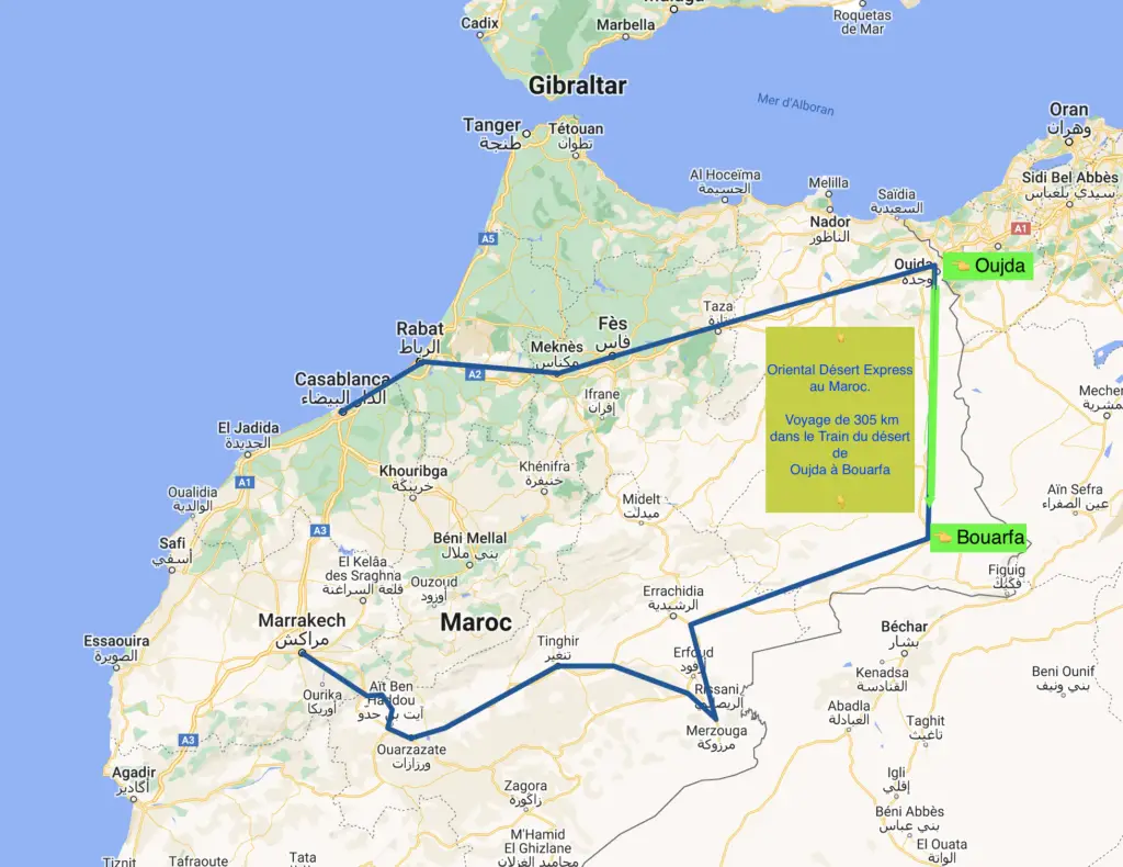 Carte du voyage en train avec l'oriental désert express au Maroc