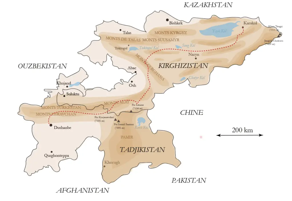 Carte de ma traversée du Kirghizistan et du Tadjikistan à pied