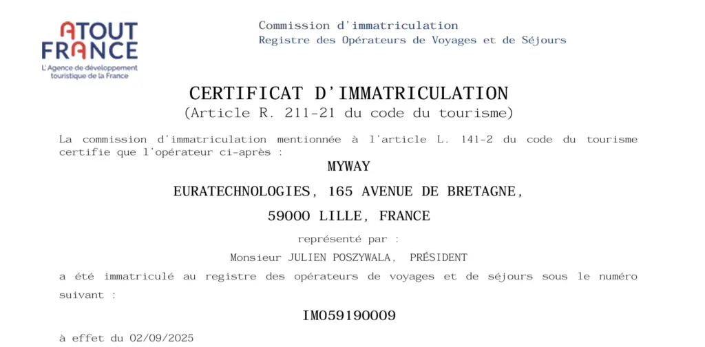 CERTIFICAT D’IMMATRICULATION ATOUT FRANCE POUR MYWAY