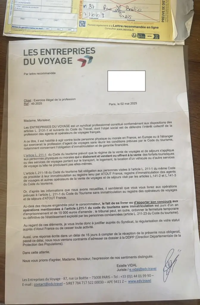 Courrier AR si non respect des obligations légale stricte ATOUT FRANCE en tant qu'organisateur de voyage