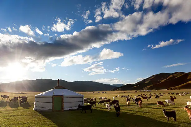 Couché de soleil dans les steppes de la Vallée Orkhon en Mongolie 