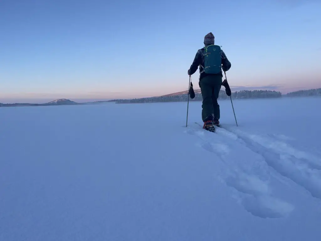 Balade ski nordique dans paysage enneigée de laponie suédoise