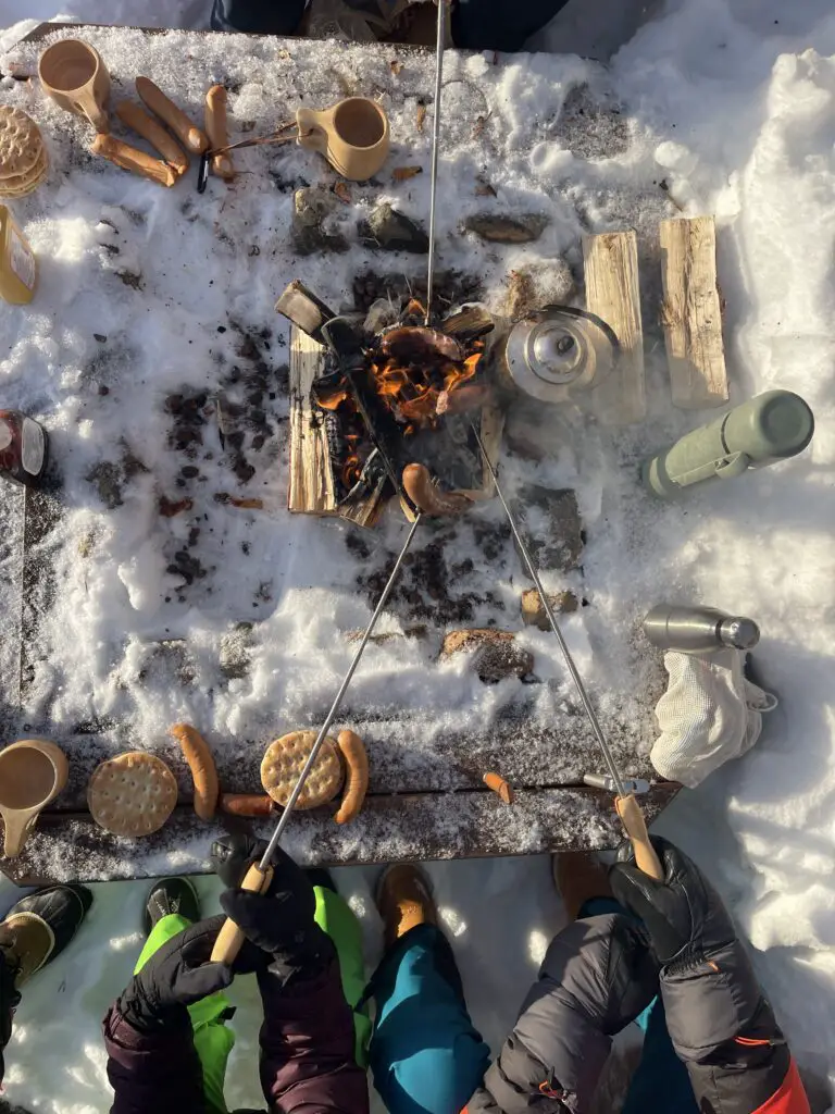 grillade saucisses sur place au feu pres d'un lac en laponie en plein hiver
