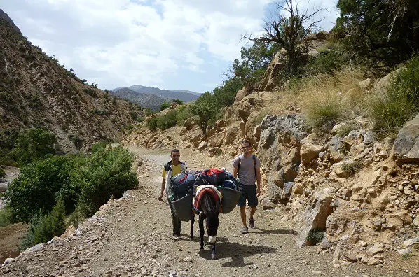 Début de l'approche menant au village, merci la mule portant tout le matos pour l'escalade au Maroc